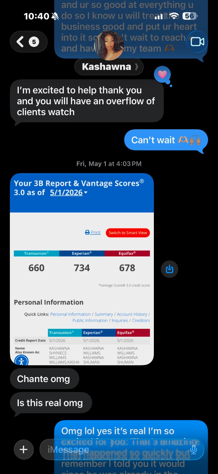 Client credit report showing scores of 660, 734, and 678 across all three bureaus