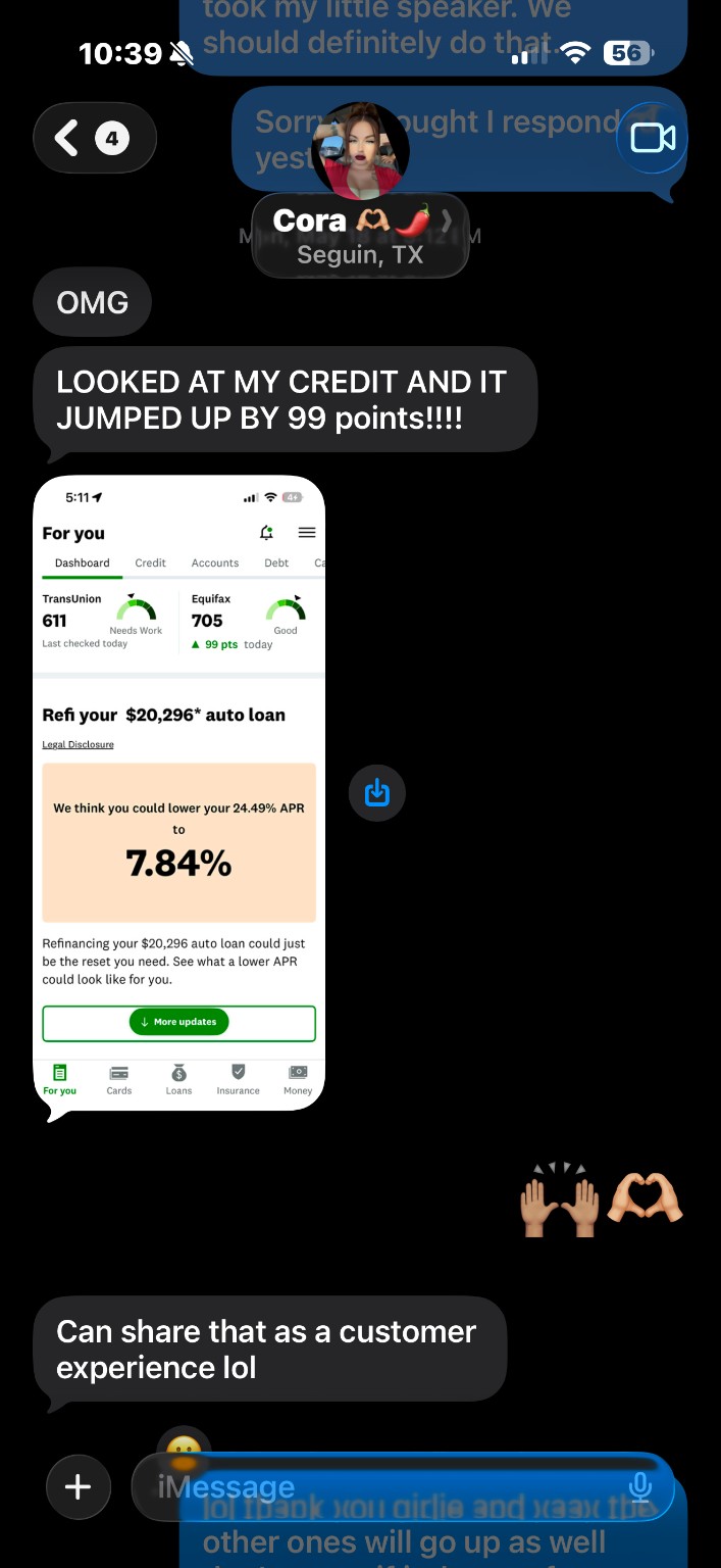 Client message showing 99-point credit score increase to 705 on Equifax